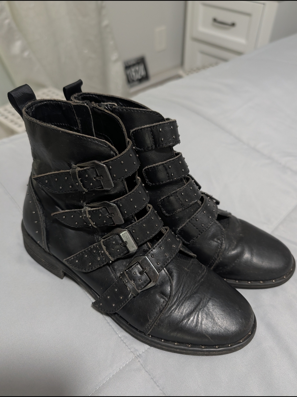 Women's Black Studded Buckle Ankle Boots